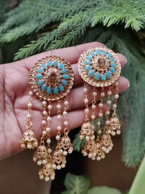 Gold Plated Bahubali Pearl Dangler Earrings Traditional Blue Stylish Fancy Earrings For Women & Girls.