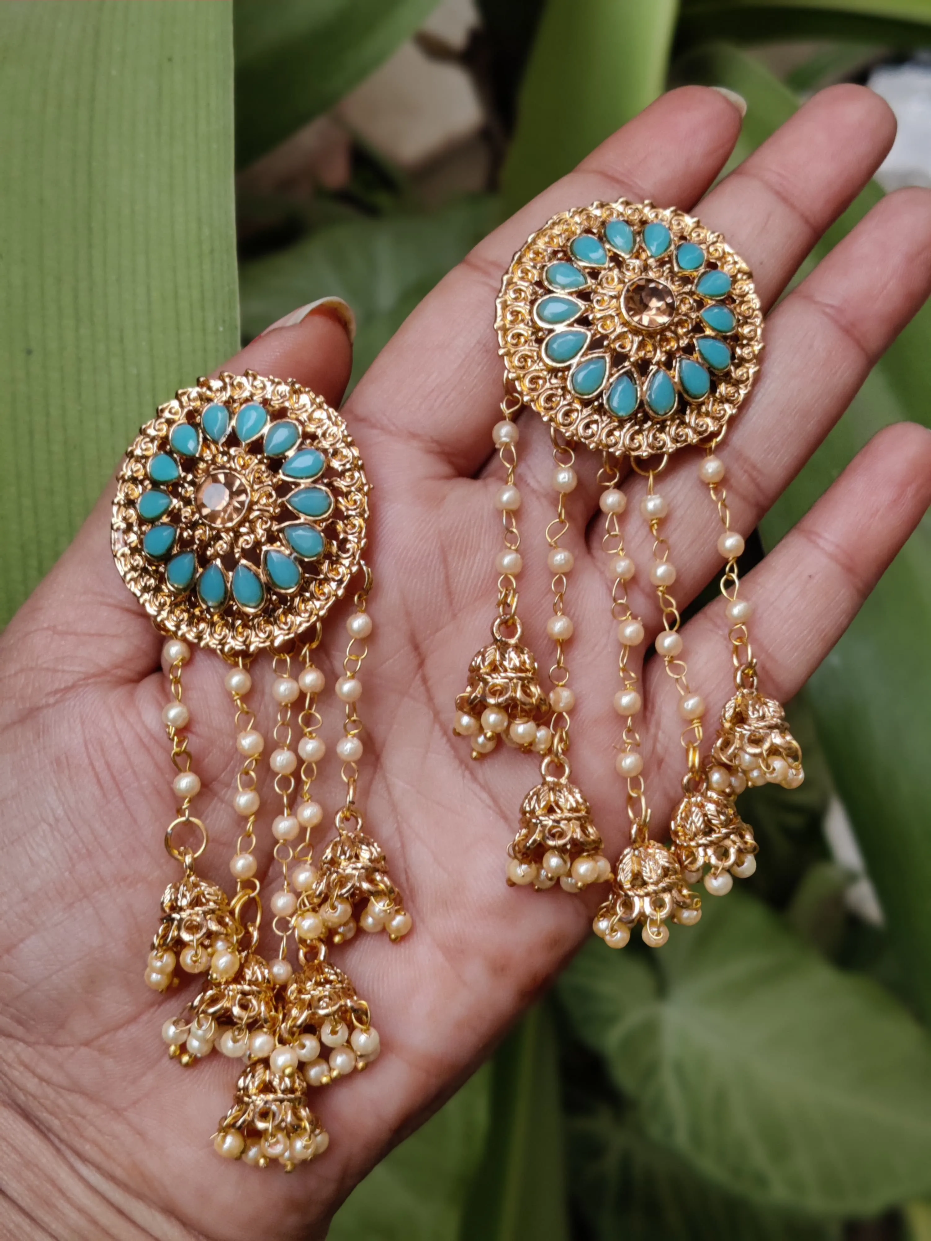 Gold Plated Bahubali Pearl Dangler Earrings Traditional Blue Stylish Fancy Earrings For Women & Girls.