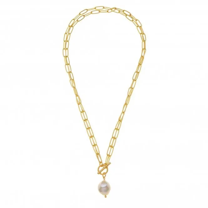 Gold Plated Double Thin Chain T-Bar Necklace with Pearl