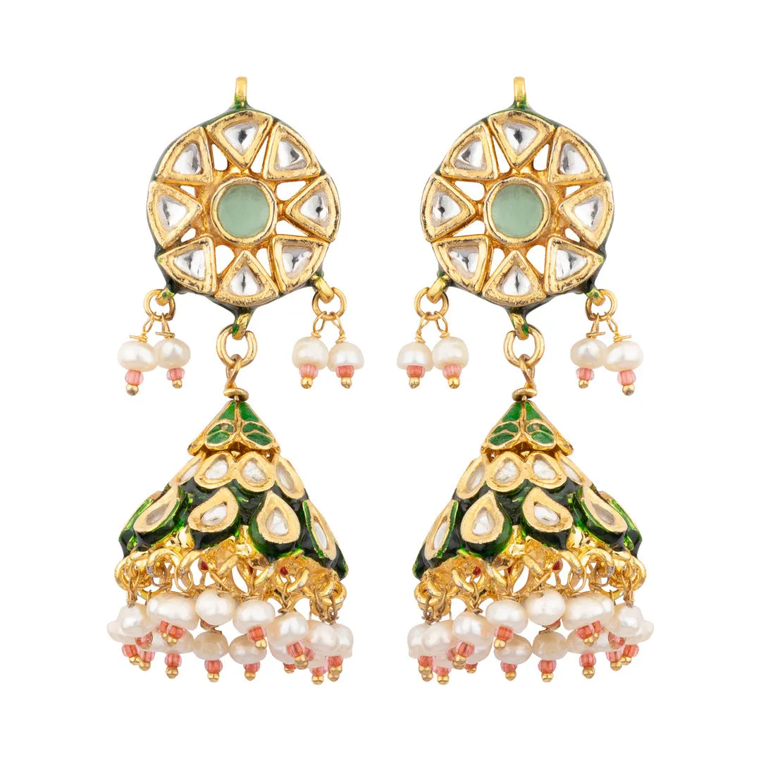 Gold Plated Meenakari Kundan with Beads Drop Choker Necklace & Jhumka Earrings Set - VN605