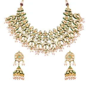 Gold Plated Meenakari Kundan with Beads Drop Choker Necklace & Jhumka Earrings Set - VN605