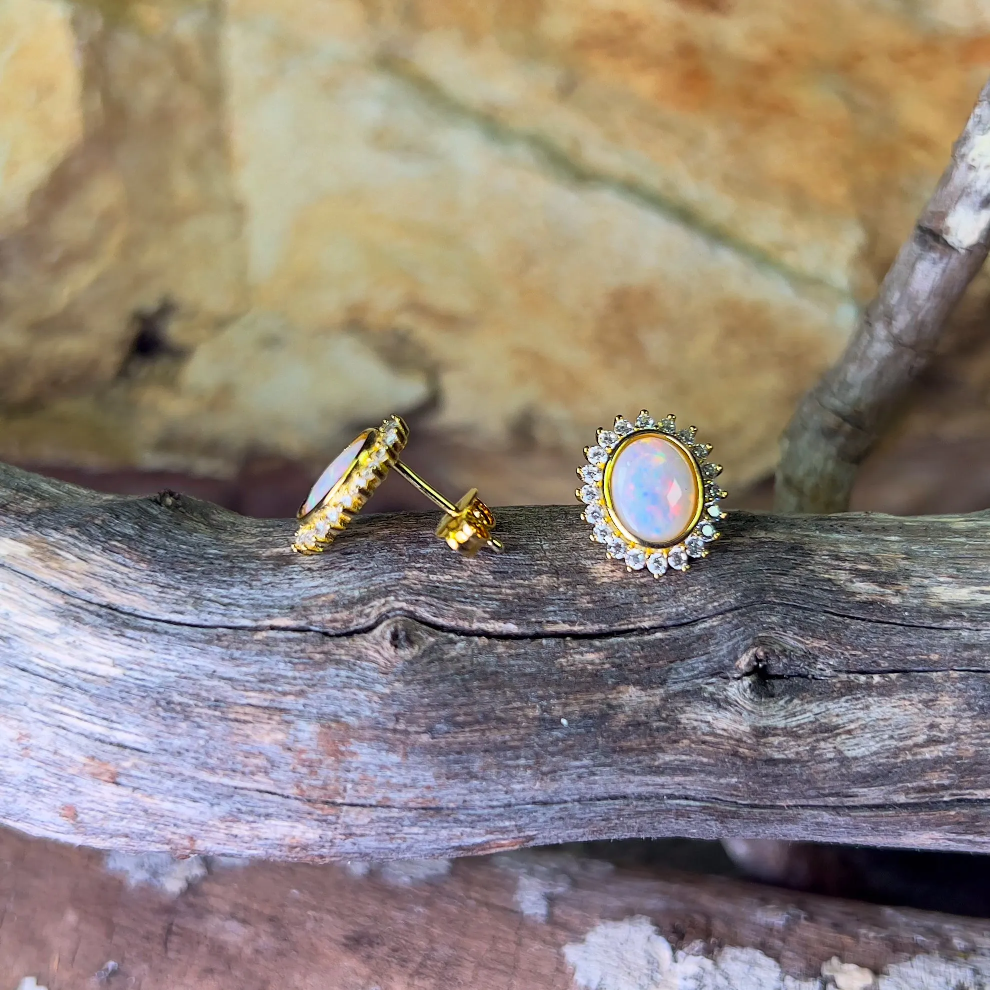 Gold Plated Oval Crystal Opal cluster earring studs