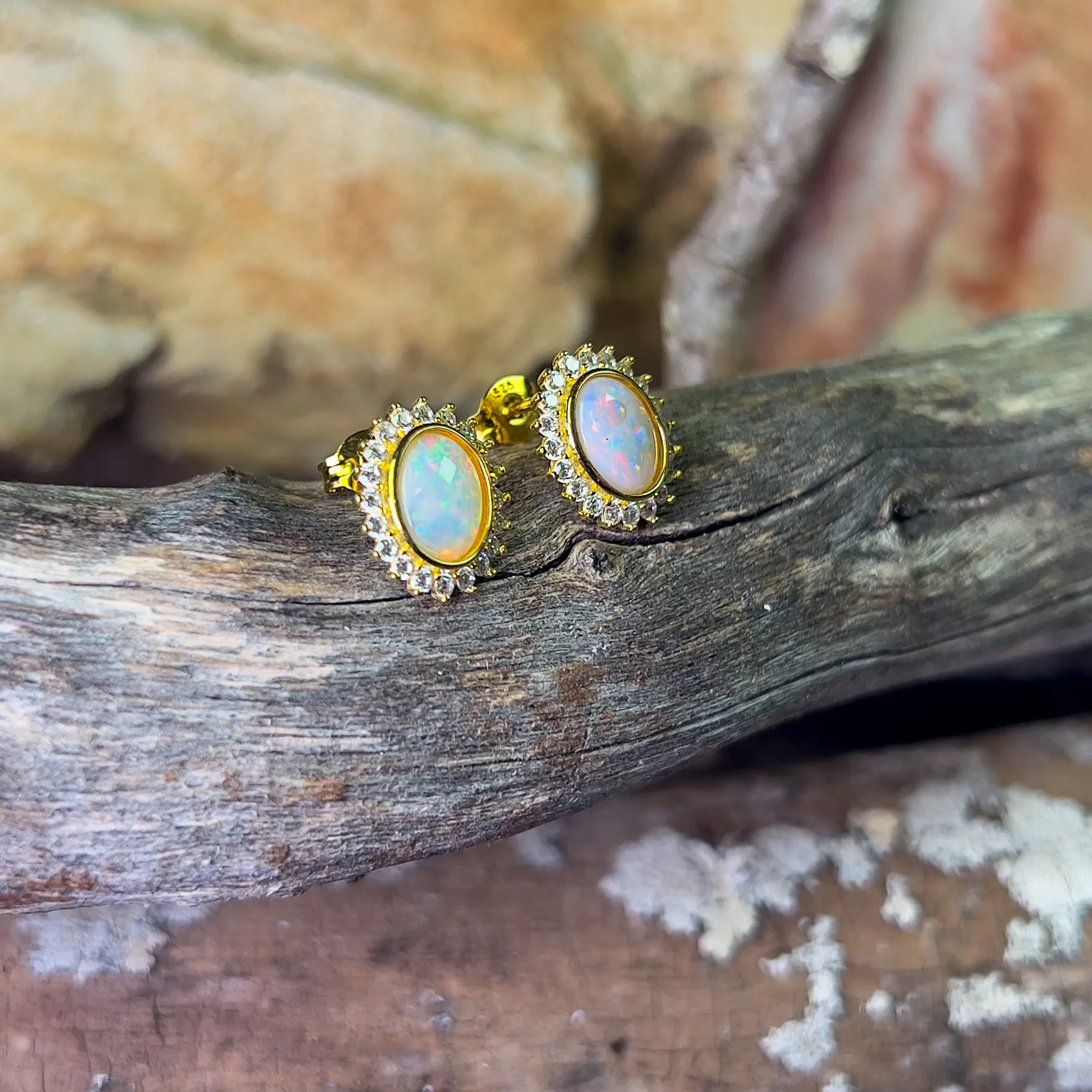 Gold Plated Oval Crystal Opal cluster earring studs