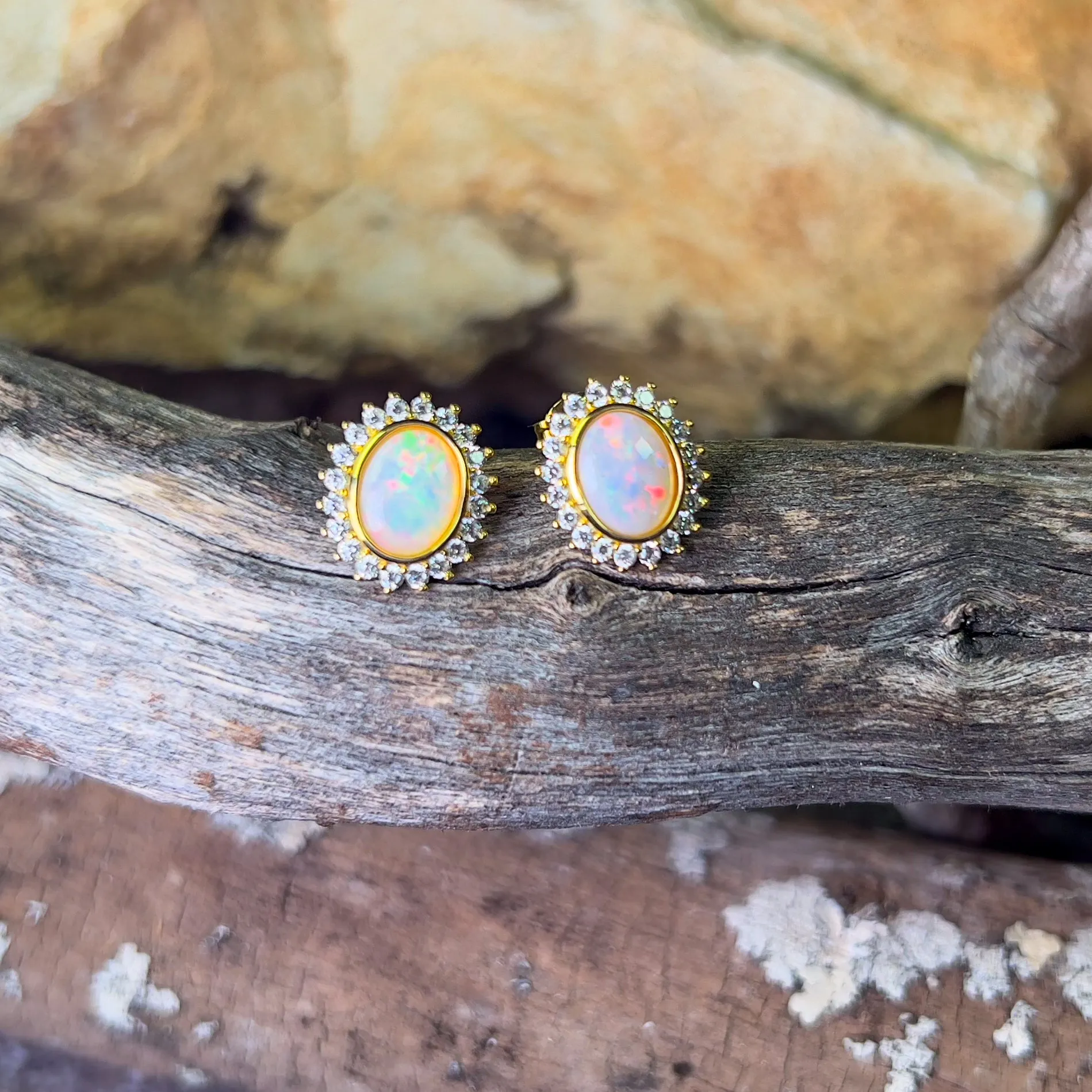 Gold Plated Oval Crystal Opal cluster earring studs