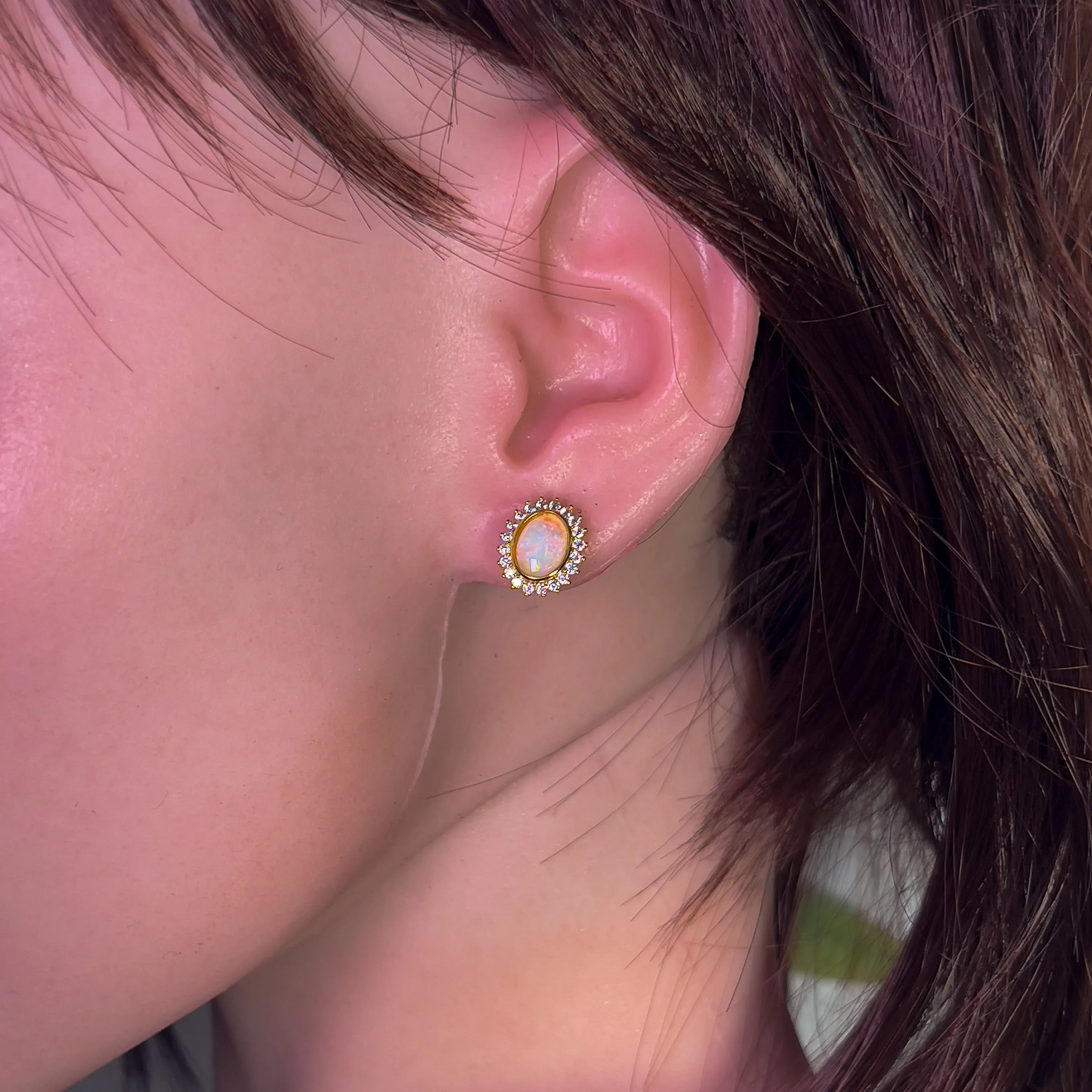Gold Plated Oval Crystal Opal cluster earring studs