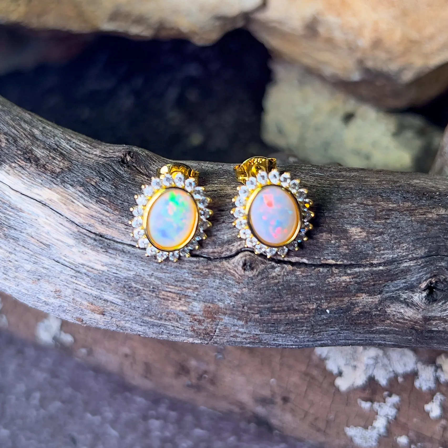 Gold Plated Oval Crystal Opal cluster earring studs