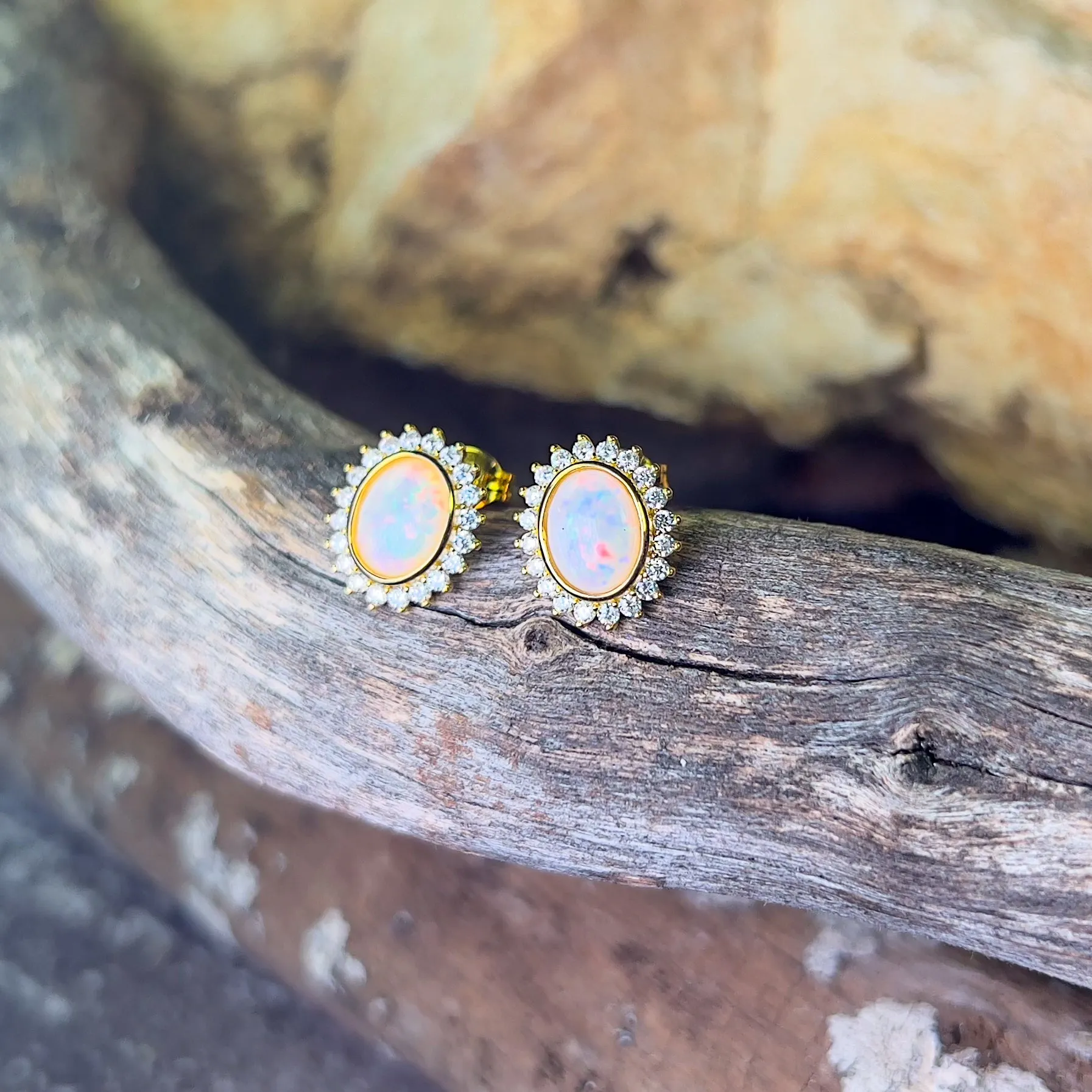 Gold Plated Oval Crystal Opal cluster earring studs