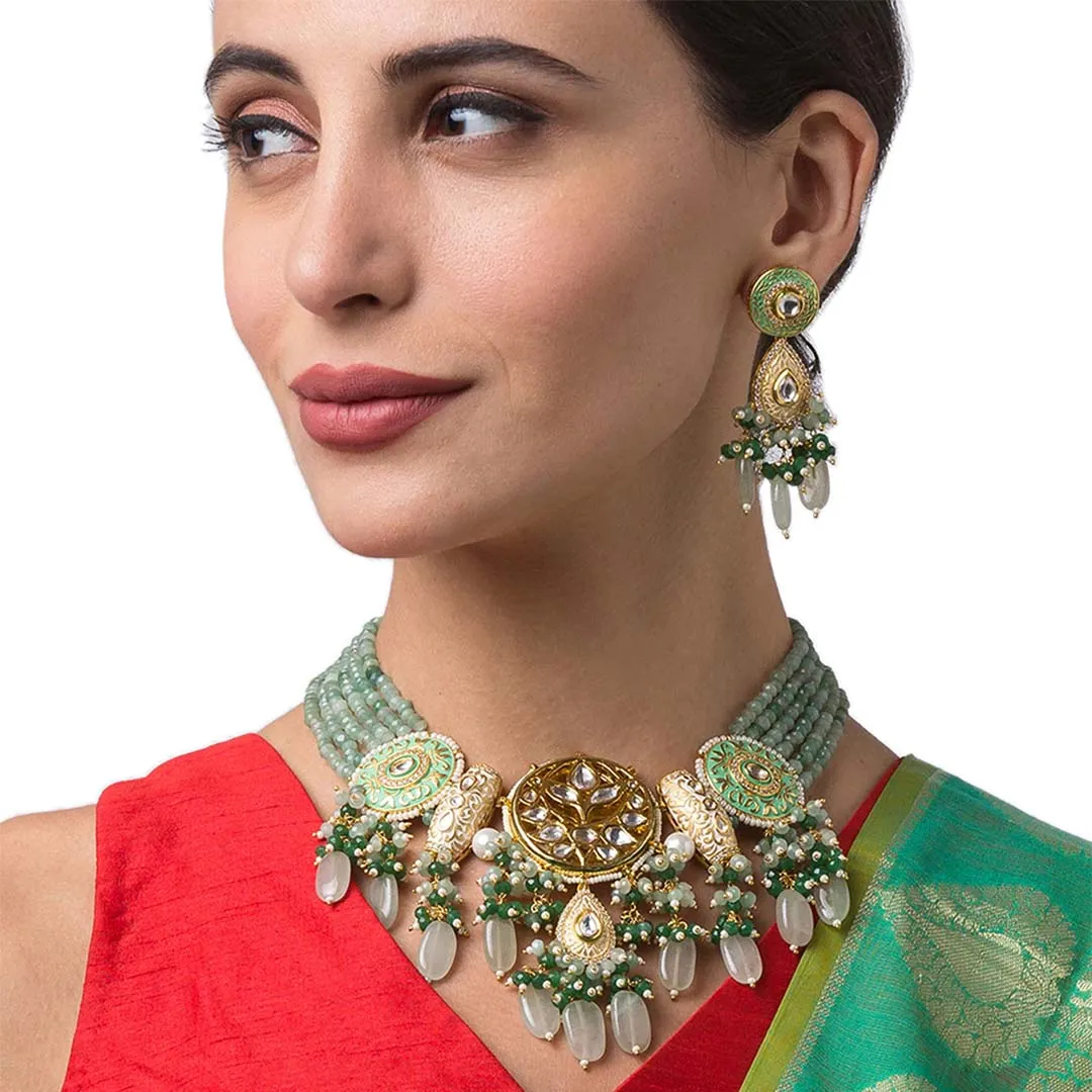 Green Beaded Meenakari Necklace Set - HRNS63