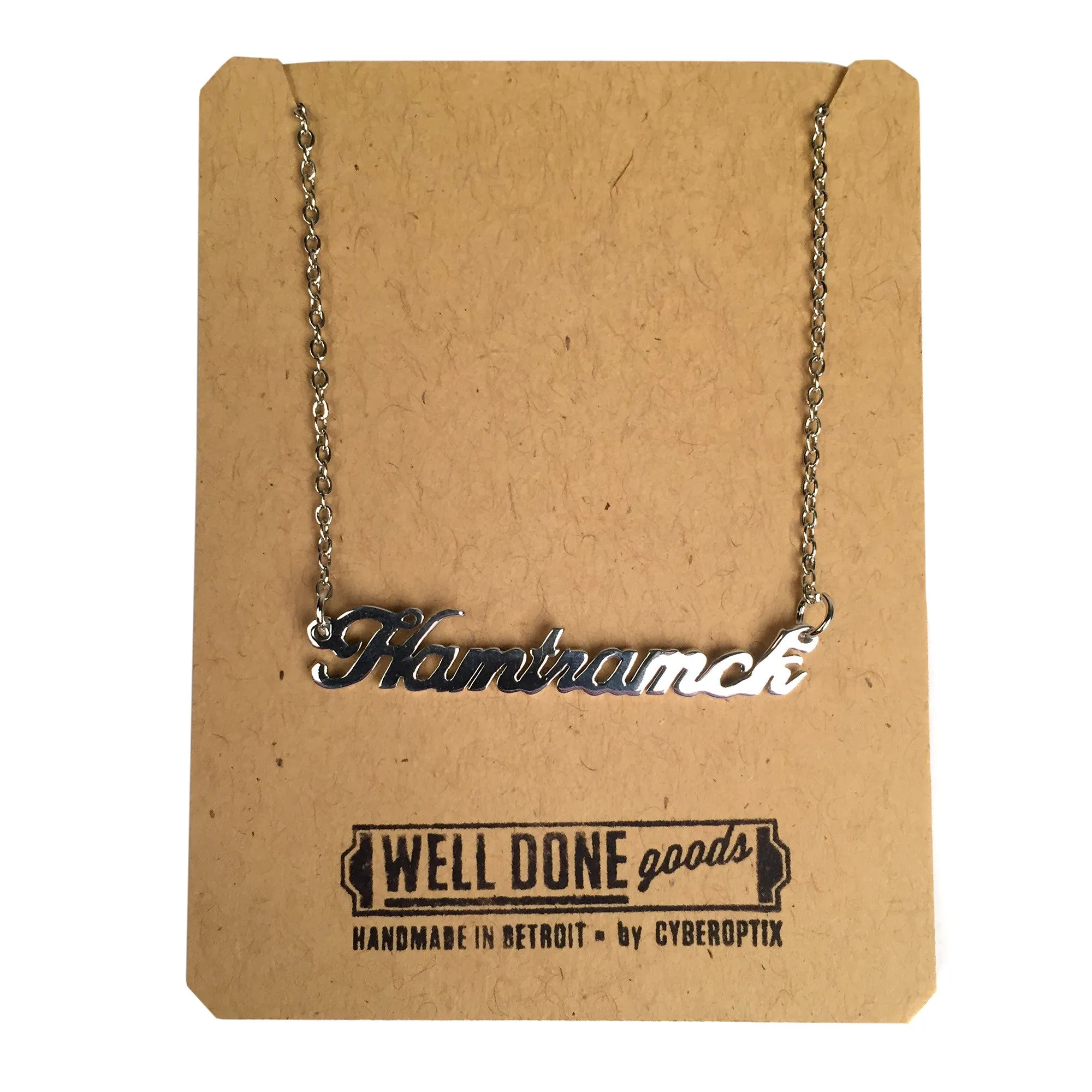 Hamtramck Script Necklace, Michigan Neighborhood Pendant