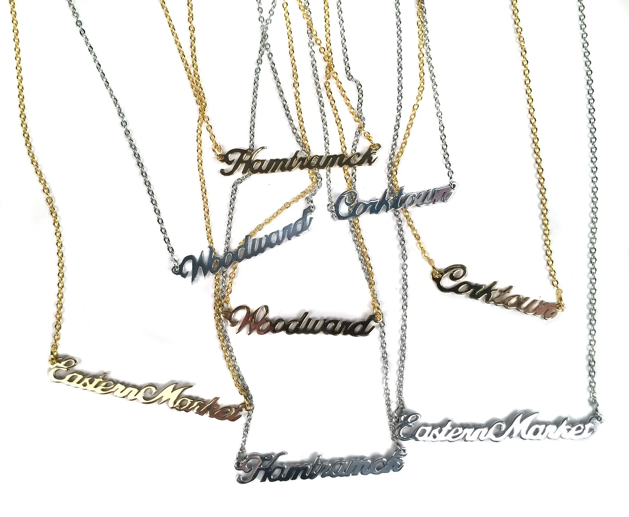 Hamtramck Script Necklace, Michigan Neighborhood Pendant