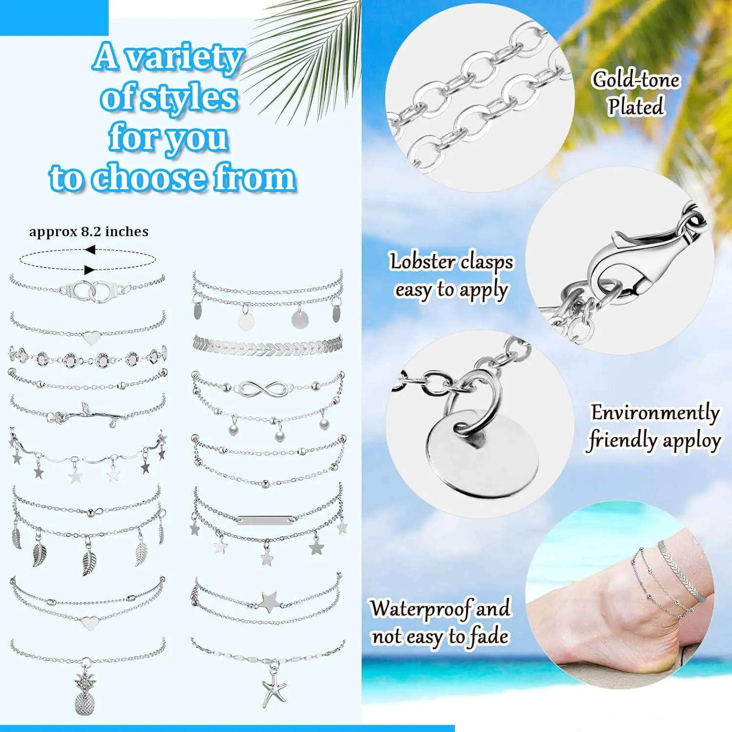 Hicarer 16 Pieces Ankle Bracelets 14K for Women Anklets Set Boho Beach Anklets Foot Chains Adjustable Foot Hand Jewelry Romantic Gift