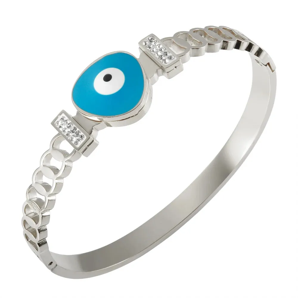 Hollow Stitching Stainless Steel Bangle Shiny Crystal Oval Eyeball Charm Eye Bracelet