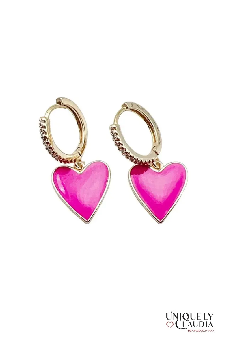 Hot Pink Enamel Heart Huggie