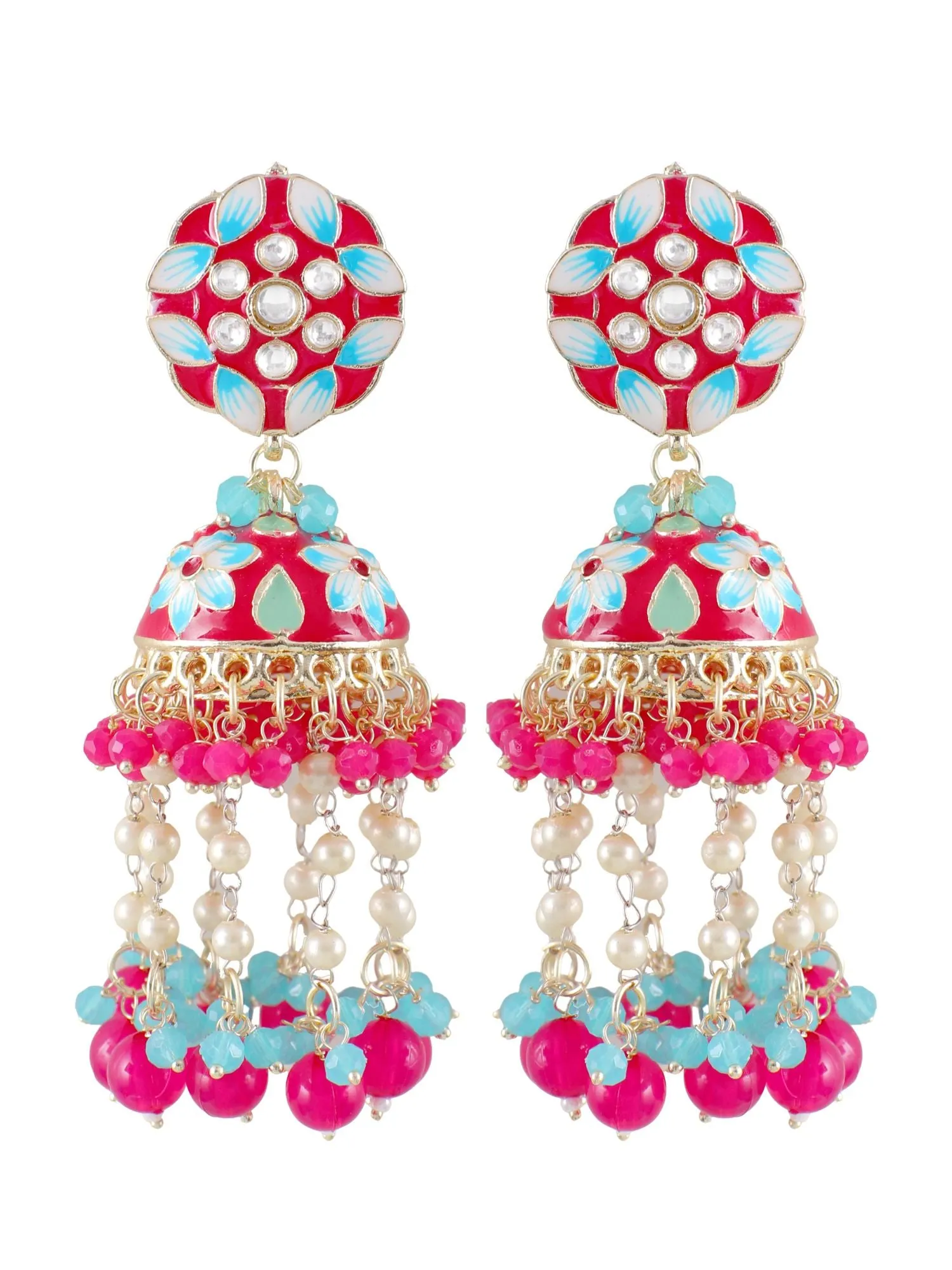 Hot Pink/Magenta Floral Meenakari Jhumka Earrings for Her