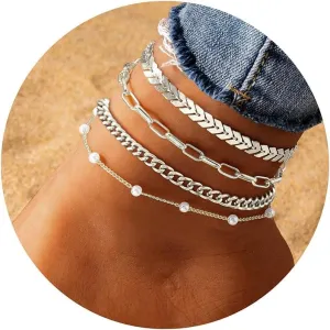 iF YOU Gold Ankle Bracelets for Women, 14k Gold Plated Waterproof Cuban Pearl Snake Chain Anklets Set, Gold Anklets for Women Beach Gift Adjustable Size