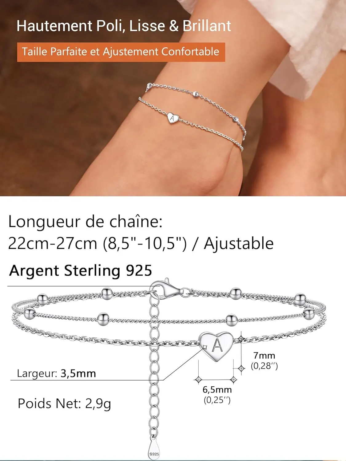 Initial Ankle Bracelets for Women, Dainty 925 Sterling Silver Letter A-Z Layered Anklet, Heart Ankle Bracelet Beach Jewelry, Come with Box