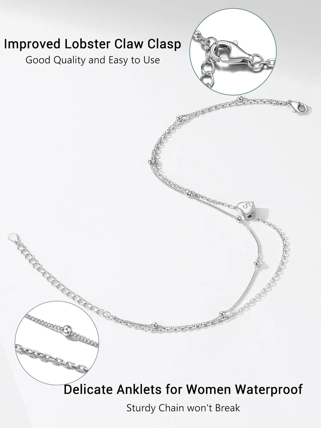 Initial Ankle Bracelets for Women, Dainty 925 Sterling Silver Letter A-Z Layered Anklet, Heart Ankle Bracelet Beach Jewelry, Come with Box
