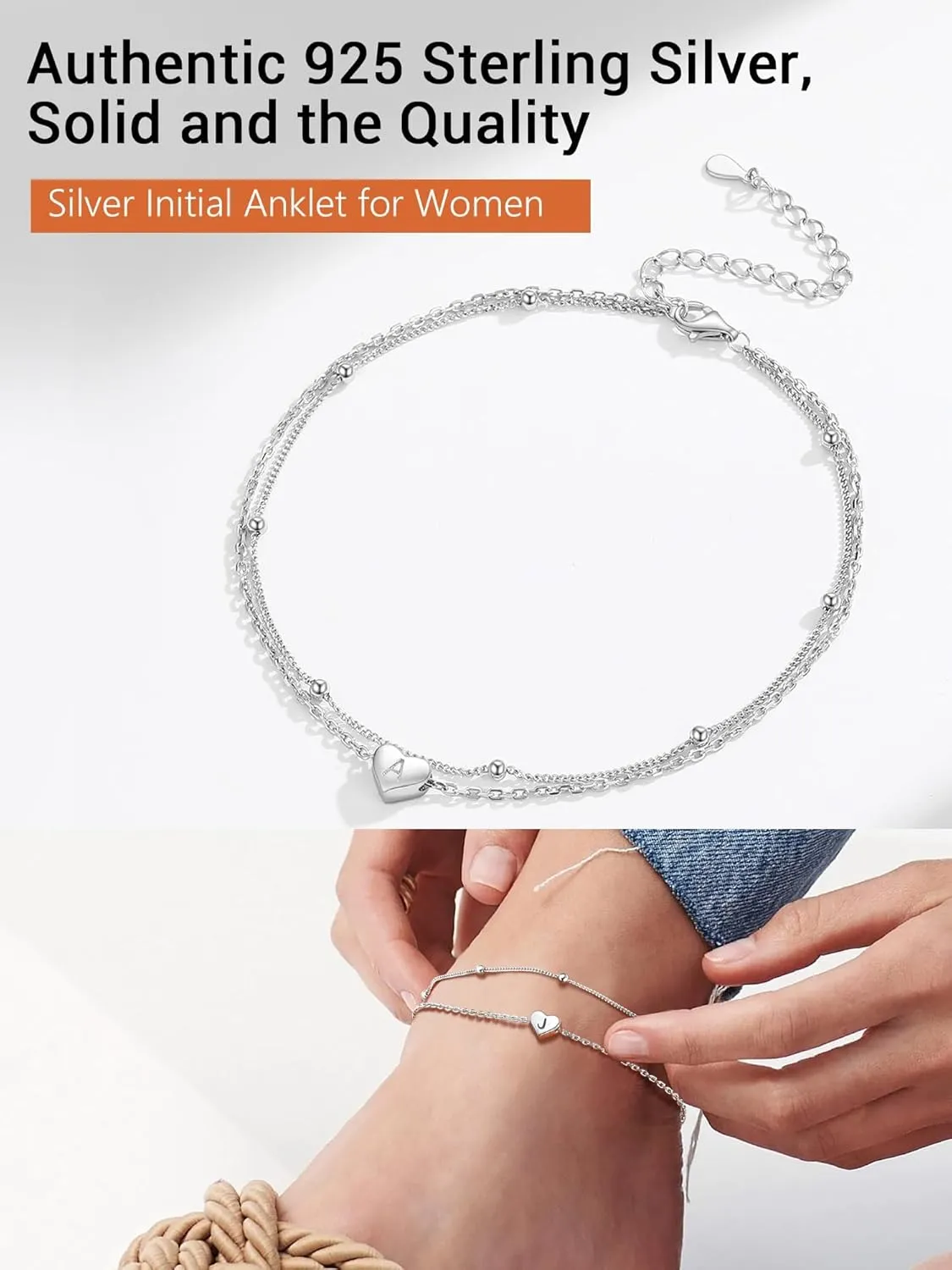 Initial Ankle Bracelets for Women, Dainty 925 Sterling Silver Letter A-Z Layered Anklet, Heart Ankle Bracelet Beach Jewelry, Come with Box
