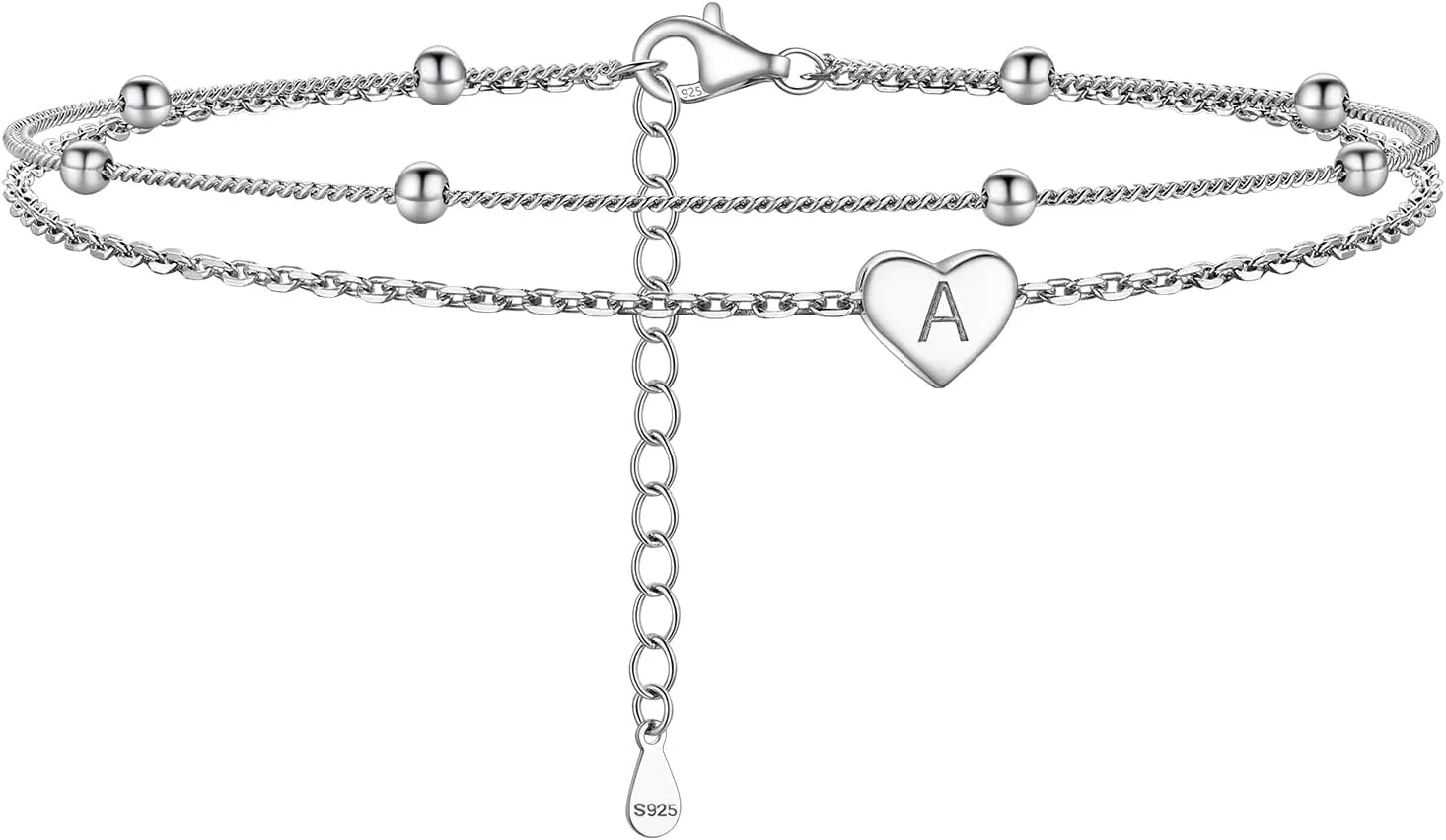 Initial Ankle Bracelets for Women, Dainty 925 Sterling Silver Letter A-Z Layered Anklet, Heart Ankle Bracelet Beach Jewelry, Come with Box