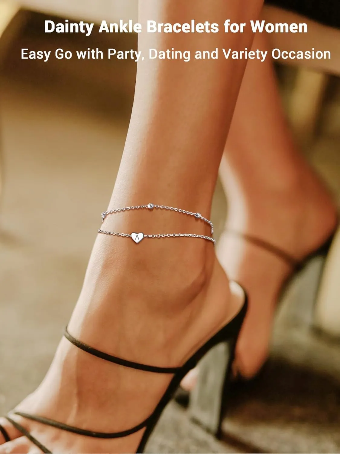Initial Ankle Bracelets for Women, Dainty 925 Sterling Silver Letter A-Z Layered Anklet, Heart Ankle Bracelet Beach Jewelry, Come with Box