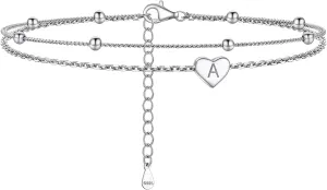 Initial Ankle Bracelets for Women, Dainty 925 Sterling Silver Letter A-Z Layered Anklet, Heart Ankle Bracelet Beach Jewelry, Come with Box