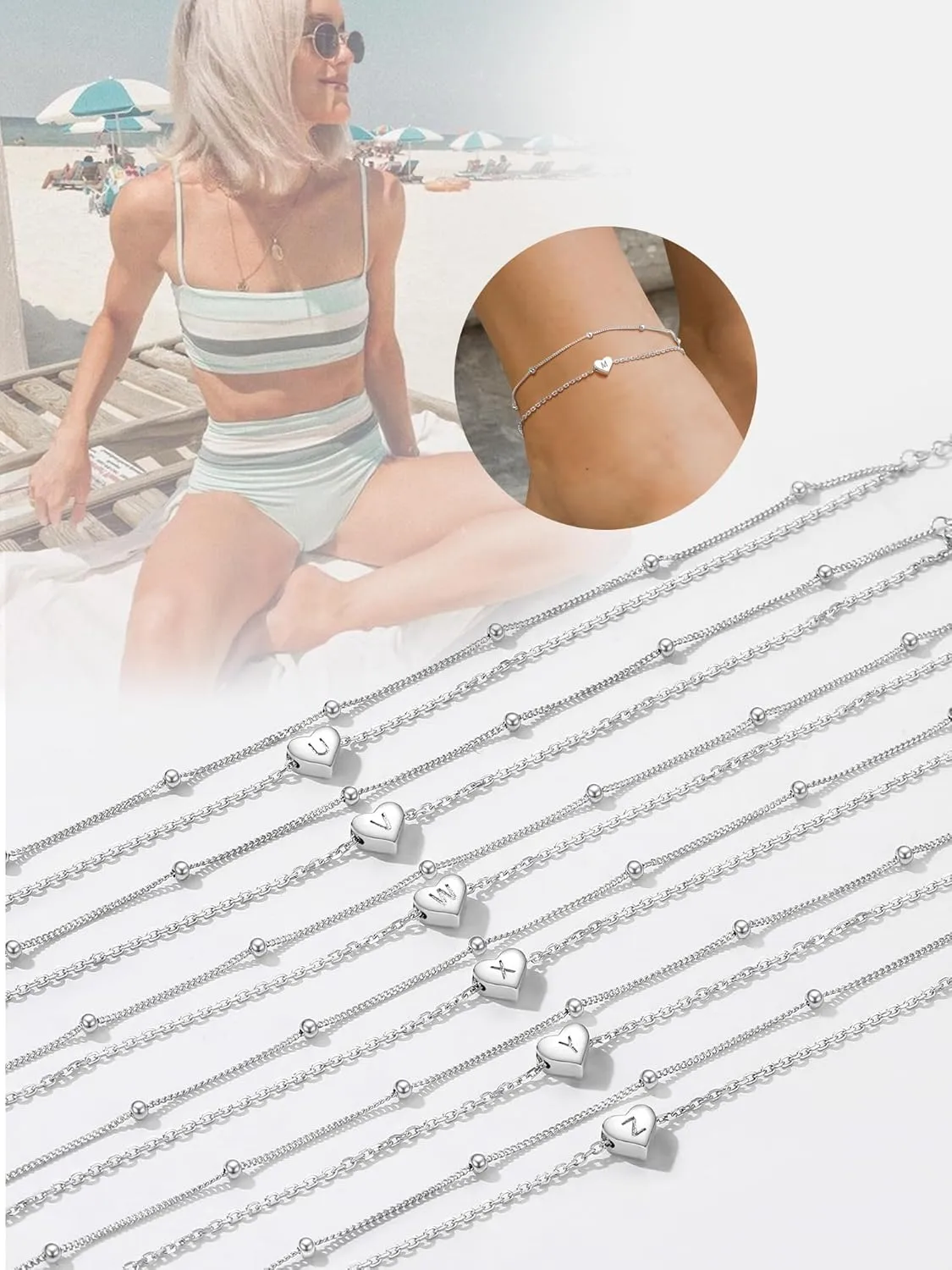 Initial Ankle Bracelets for Women, Dainty 925 Sterling Silver Letter A-Z Layered Anklet, Heart Ankle Bracelet Beach Jewelry, Come with Box