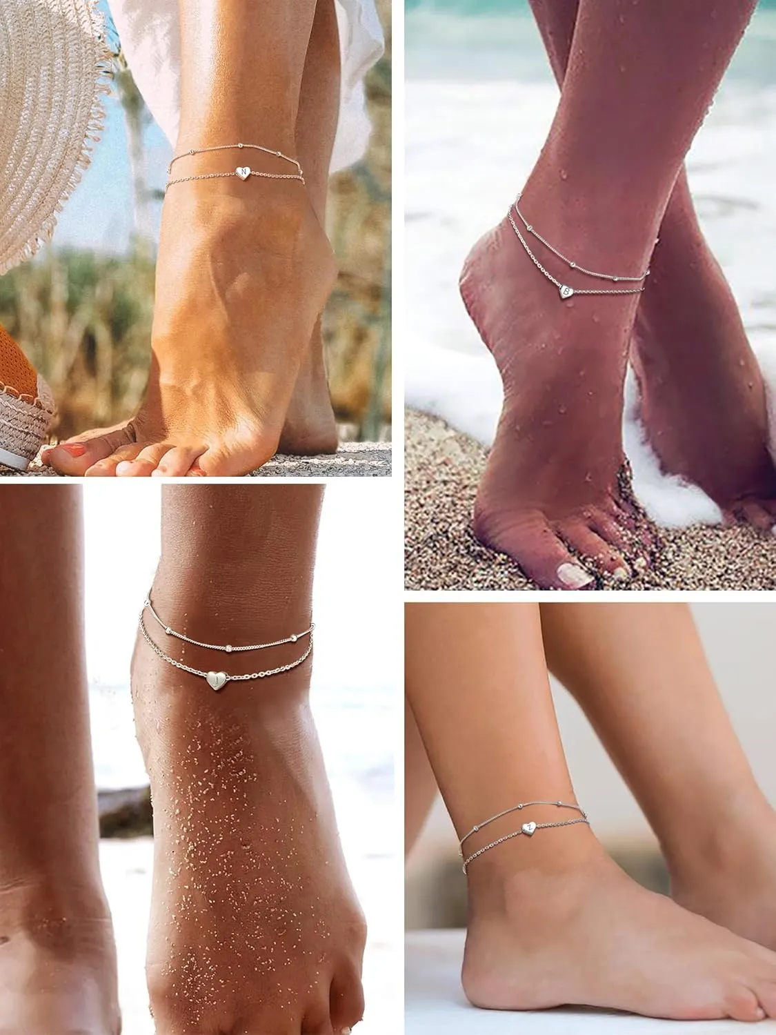 Initial Ankle Bracelets for Women, Dainty 925 Sterling Silver Letter A-Z Layered Anklet, Heart Ankle Bracelet Beach Jewelry, Come with Box