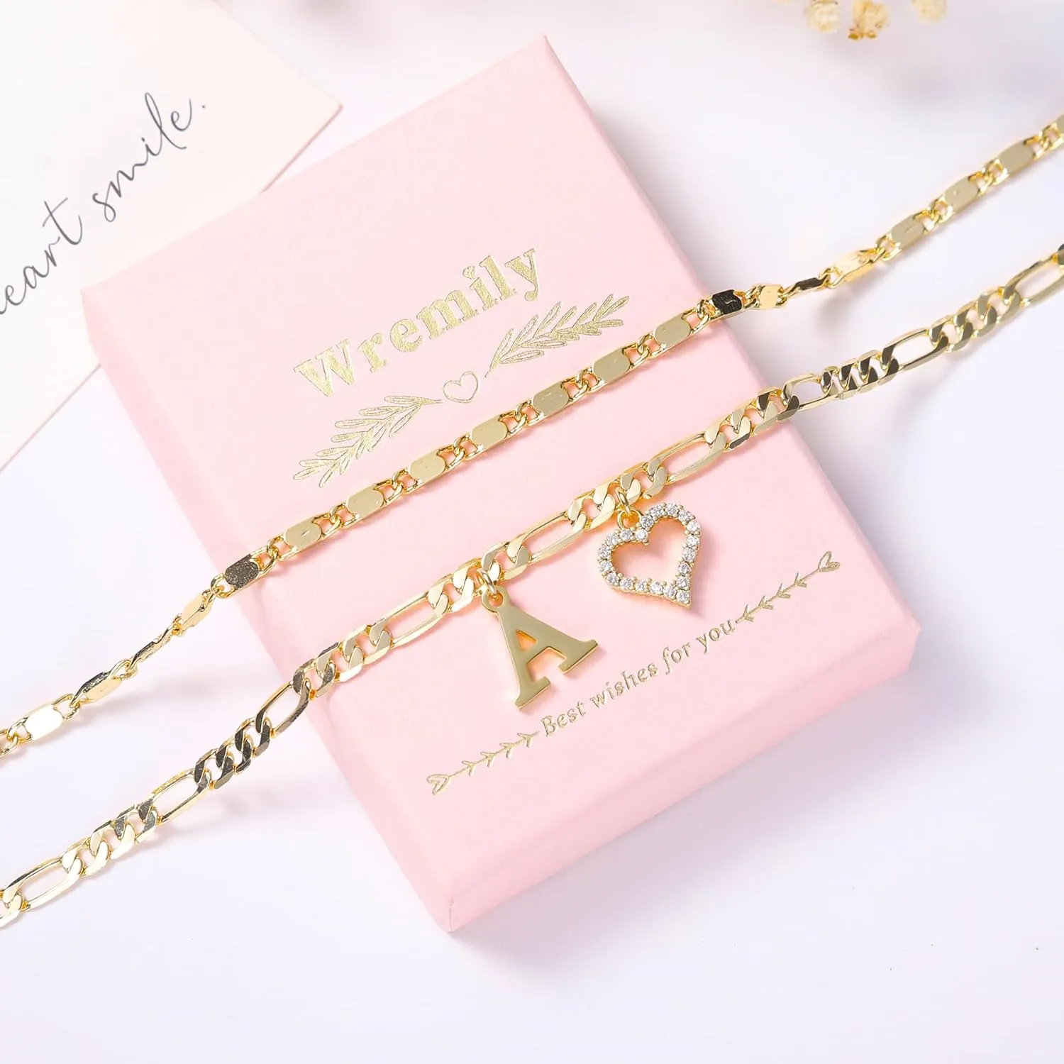 Initial Ankle Bracelets for Women Waterproof 14K Gold Plated Dainty Layered Figaro Chain Letter Initial CZ Heart Ankle Bracelets Set Summer Beach Jewelry for Women