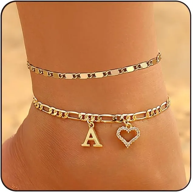 Initial Ankle Bracelets for Women Waterproof 14K Gold Plated Dainty Layered Figaro Chain Letter Initial CZ Heart Ankle Bracelets Set Summer Beach Jewelry for Women