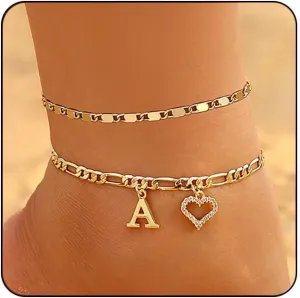Initial Ankle Bracelets for Women Waterproof 14K Gold Plated Dainty Layered Figaro Chain Letter Initial CZ Heart Ankle Bracelets Set Summer Beach Jewelry for Women