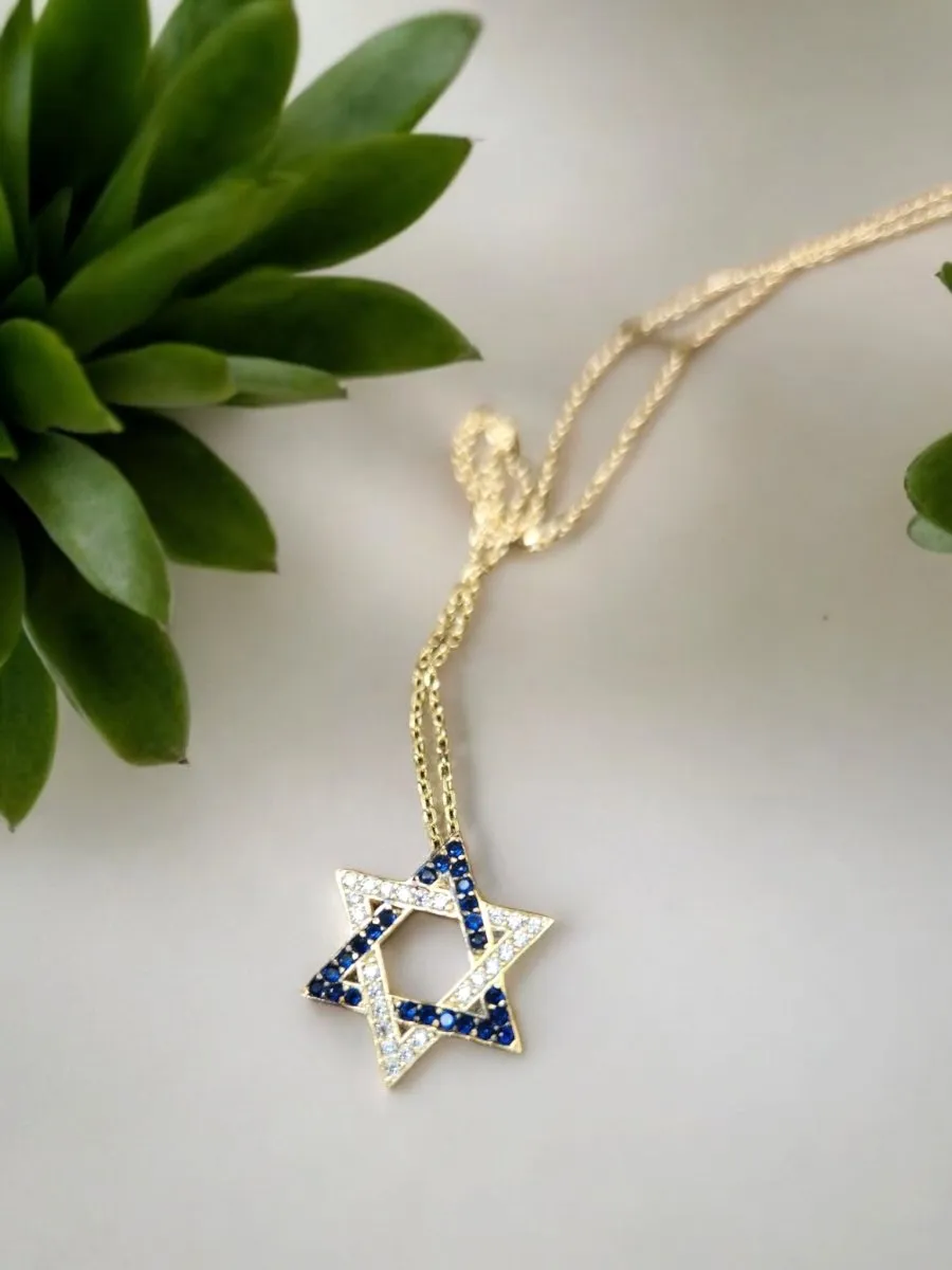 Jewish Star Necklace | Blue or Clear Gemstones