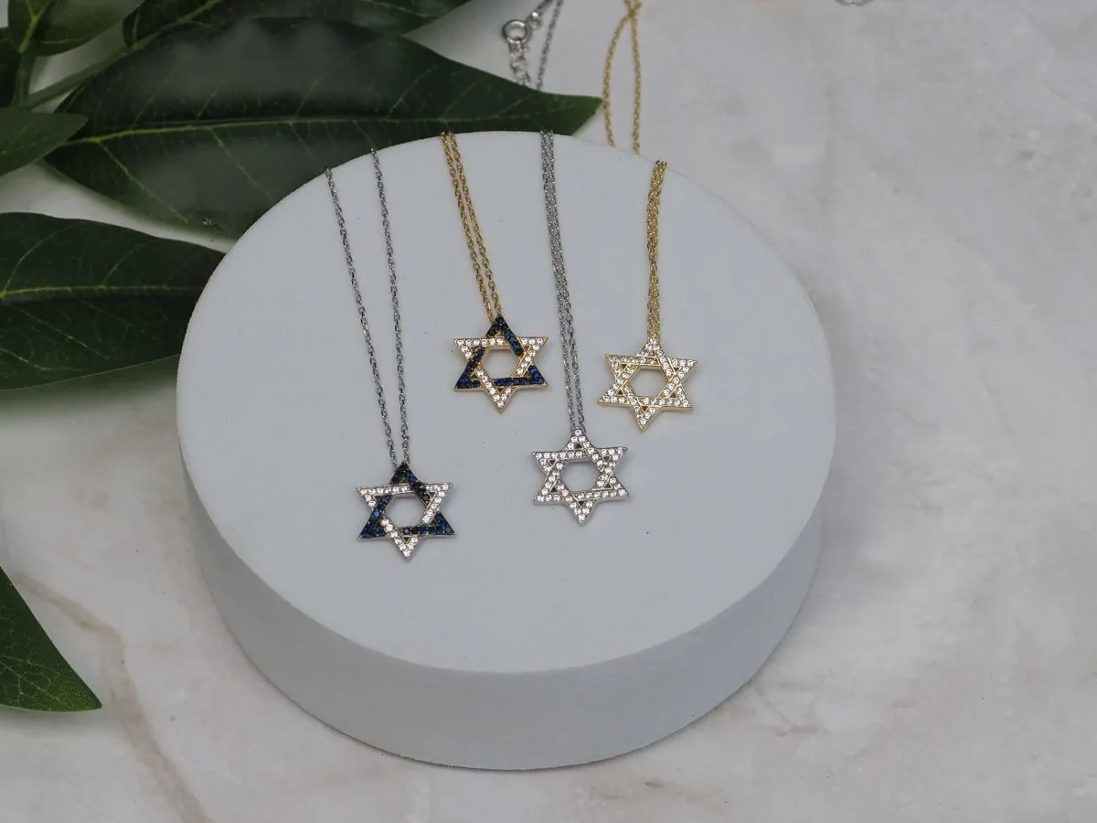 Jewish Star Necklace | Blue or Clear Gemstones