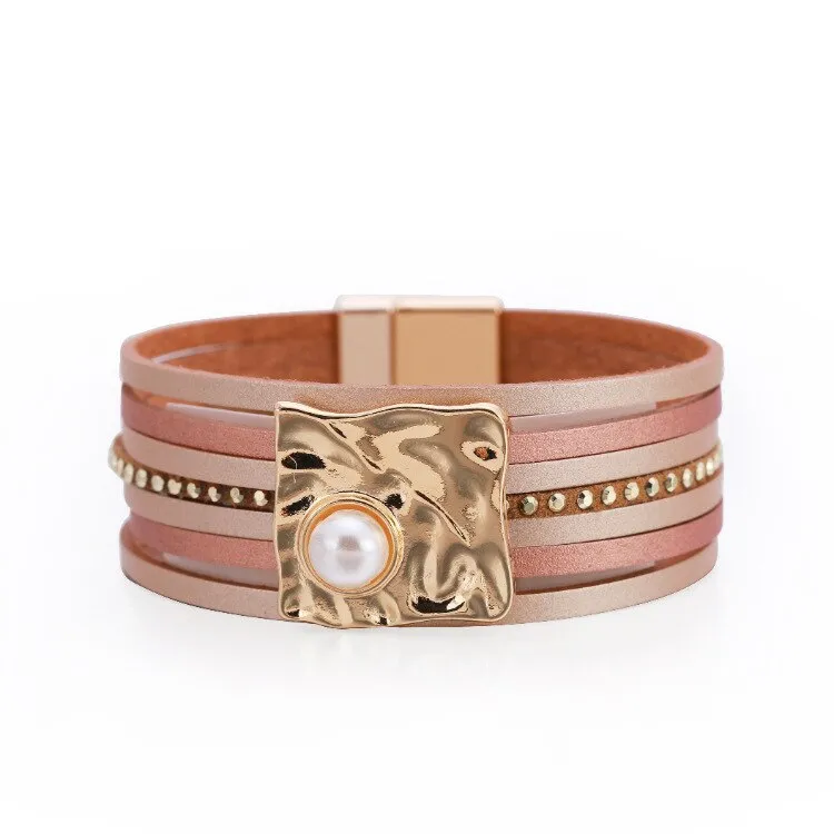 KMVEXO Summer Leather Bracelet Charm Pearls Bracelets&amp;Bangles Magnet Buckle Life of Trees Bohemian Bracelets for Women Manchette