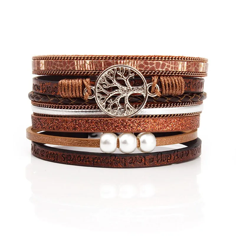 KMVEXO Summer Leather Bracelet Charm Pearls Bracelets&amp;Bangles Magnet Buckle Life of Trees Bohemian Bracelets for Women Manchette
