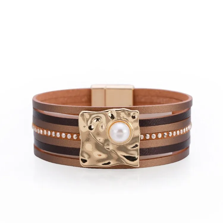 KMVEXO Summer Leather Bracelet Charm Pearls Bracelets&amp;Bangles Magnet Buckle Life of Trees Bohemian Bracelets for Women Manchette