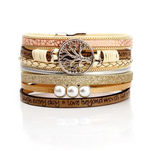 KMVEXO Summer Leather Bracelet Charm Pearls Bracelets&amp;Bangles Magnet Buckle Life of Trees Bohemian Bracelets for Women Manchette