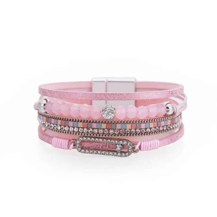 KMVEXO Summer Leather Bracelet Charm Pearls Bracelets&amp;Bangles Magnet Buckle Life of Trees Bohemian Bracelets for Women Manchette