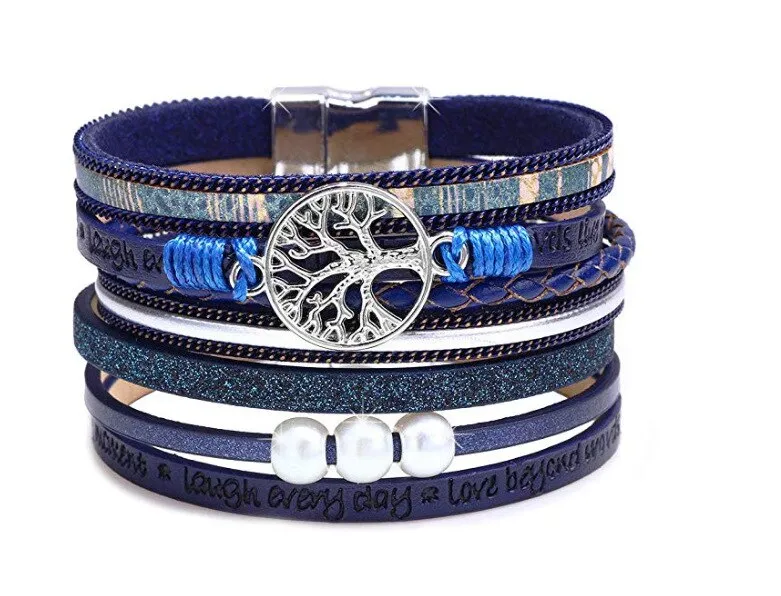 KMVEXO Summer Leather Bracelet Charm Pearls Bracelets&amp;Bangles Magnet Buckle Life of Trees Bohemian Bracelets for Women Manchette