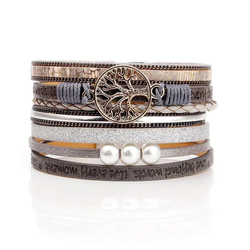 KMVEXO Summer Leather Bracelet Charm Pearls Bracelets&amp;Bangles Magnet Buckle Life of Trees Bohemian Bracelets for Women Manchette