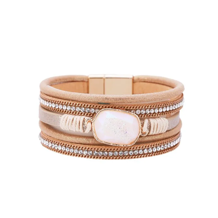 KMVEXO Summer Leather Bracelet Charm Pearls Bracelets&amp;Bangles Magnet Buckle Life of Trees Bohemian Bracelets for Women Manchette