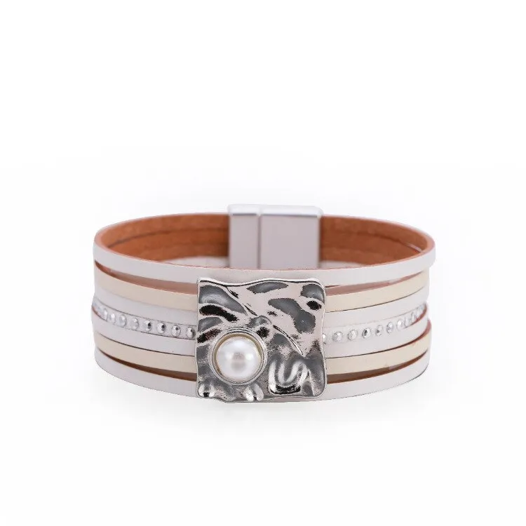 KMVEXO Summer Leather Bracelet Charm Pearls Bracelets&amp;Bangles Magnet Buckle Life of Trees Bohemian Bracelets for Women Manchette
