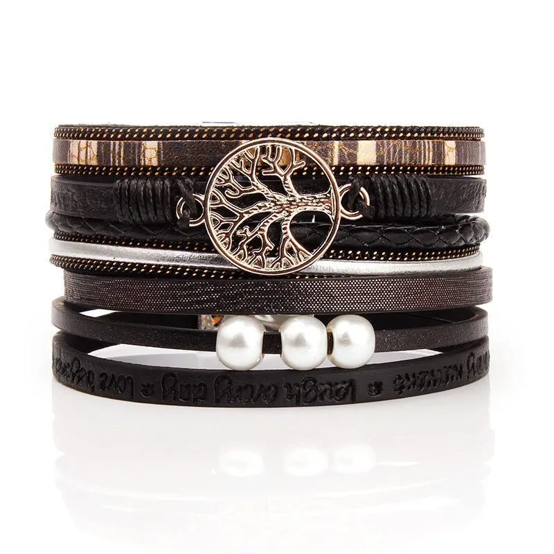 KMVEXO Summer Leather Bracelet Charm Pearls Bracelets&amp;Bangles Magnet Buckle Life of Trees Bohemian Bracelets for Women Manchette