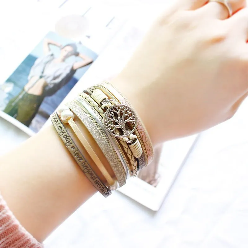 KMVEXO Summer Leather Bracelet Charm Pearls Bracelets&amp;Bangles Magnet Buckle Life of Trees Bohemian Bracelets for Women Manchette