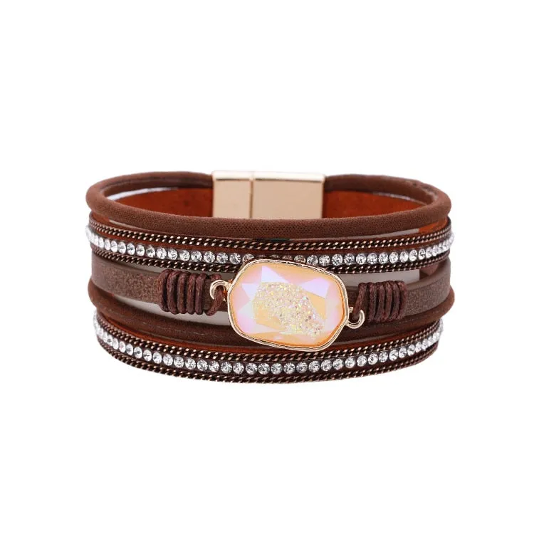 KMVEXO Summer Leather Bracelet Charm Pearls Bracelets&amp;Bangles Magnet Buckle Life of Trees Bohemian Bracelets for Women Manchette