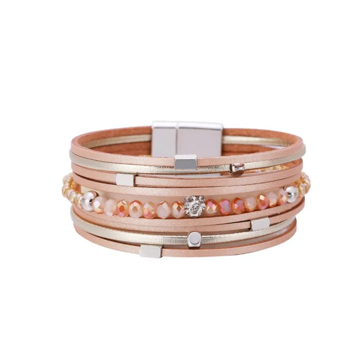 KMVEXO Summer Leather Bracelet Charm Pearls Bracelets&amp;Bangles Magnet Buckle Life of Trees Bohemian Bracelets for Women Manchette
