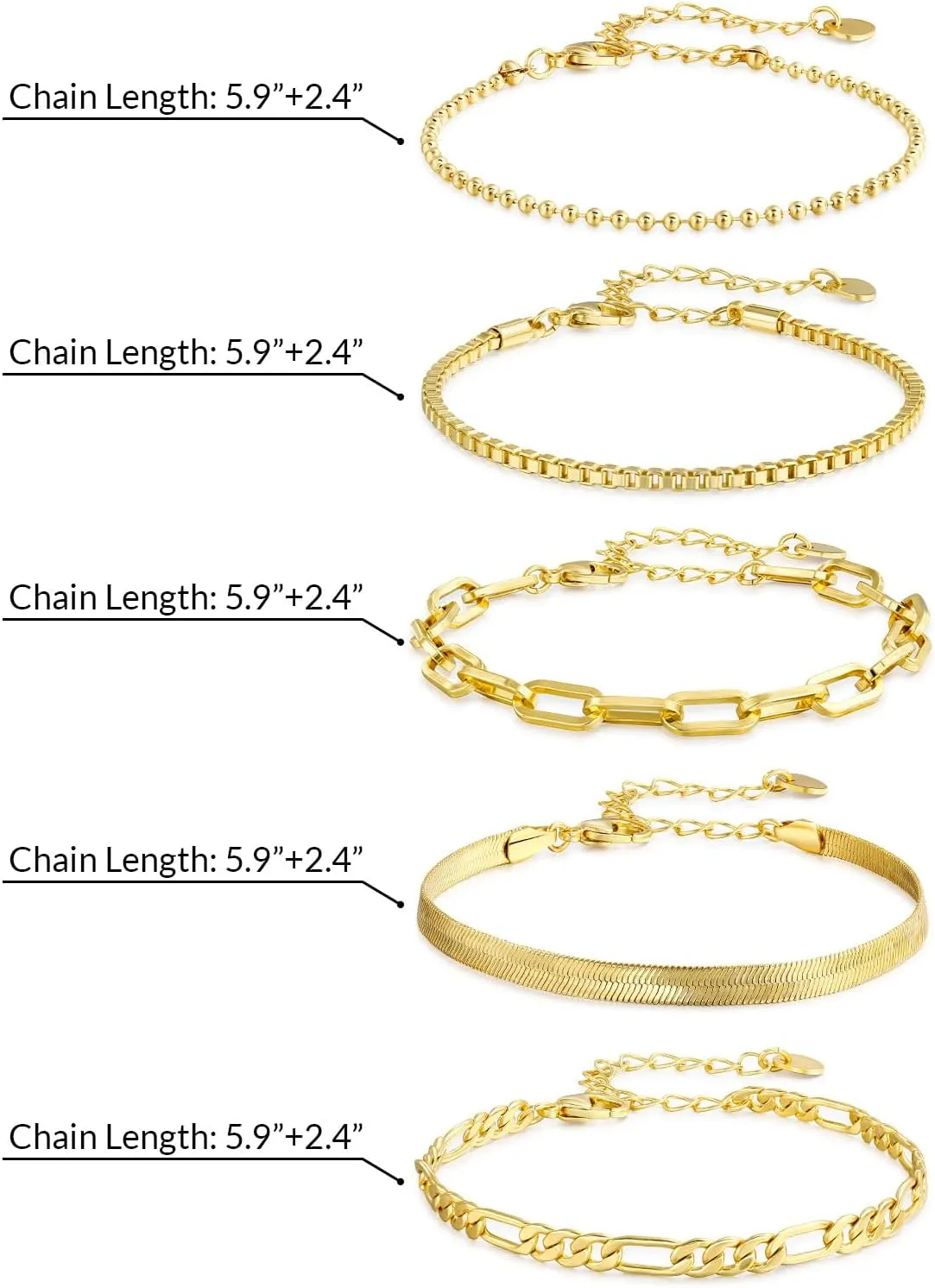 LANE WOODS 14K Gold Plated Bracelets for Women - Dainty Stackable Adjustable Paperclip Cuban Link Chain Jewelry Set, Waterproof Trendy Thin Bracelets, Fashion Gift for Women
