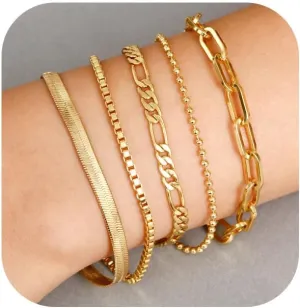 LANE WOODS 14K Gold Plated Bracelets for Women - Dainty Stackable Adjustable Paperclip Cuban Link Chain Jewelry Set, Waterproof Trendy Thin Bracelets, Fashion Gift for Women