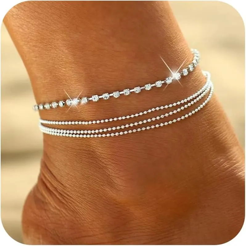 Layered Silver Anklets for Women Sparkly Rhinestone Beads Ankle Bracelets Adjustable Waterproof Ankle Chain Set Summer Beach Foot Jewelry Accessories
