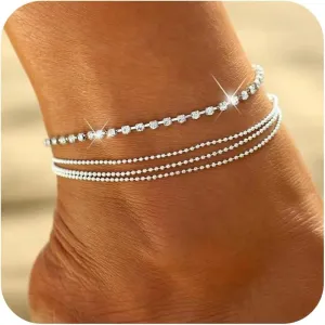 Layered Silver Anklets for Women Sparkly Rhinestone Beads Ankle Bracelets Adjustable Waterproof Ankle Chain Set Summer Beach Foot Jewelry Accessories