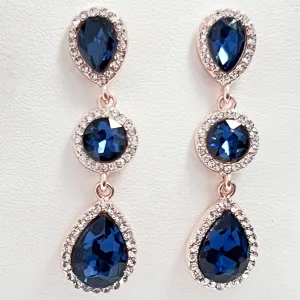 Liza - Navy Blue Tiered Rhinestone Statement Earrings